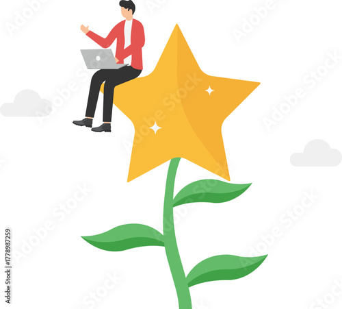 Committed businessmen try to grow up on top of star growing plant.

