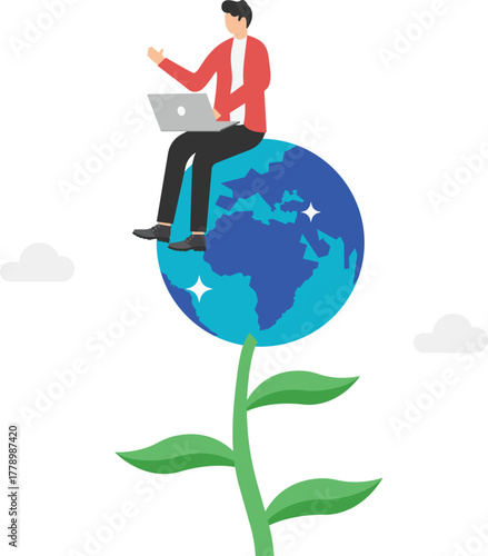 Committed businessmen try to grow up on top of globe growing plant.
