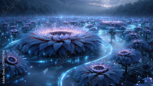 Futuristic neon holographic sunflower field glows with vibrant colors, creating mesmerizing landscape filled with luminous flowers and sparkling lights. serene atmosphere evokes sense of wonder