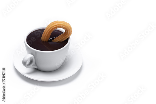 Spanish churros with hot thick chocolate in a white cup isolated on white background. Copy space