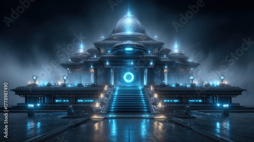 Futuristic neon holographic temple with intricate designs and glowing elements, surrounded by mystical atmosphere, evokes sense of wonder and exploration