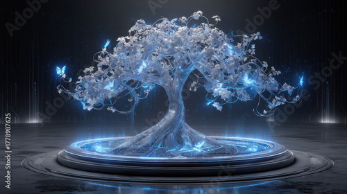 Futuristic neon holographic tree stands majestically, surrounded by glowing butterflies and intricate details. ethereal design captivates with its vibrant colors and interactive elements