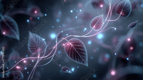 Futuristic neon holographic vine with glowing leaves and ethereal light effects creates mesmerizing atmosphere. intricate details and vibrant colors evoke sense of wonder and tranquility