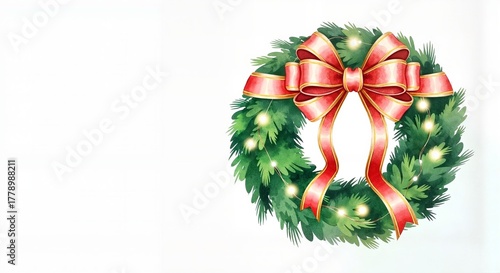 Christmas wreath with red bow and lights on soft white background with copy space