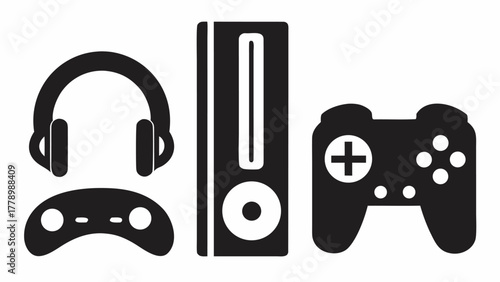 Gaming console with controllers and headset, inviting gamers to play in immersive digital worlds, perfect for esports promotions and gaming content creation