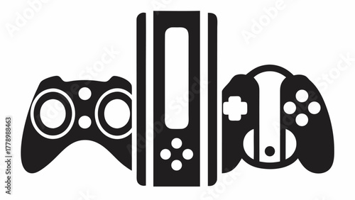 Sleek video game console with classic controllers brings back fond memories of exciting gameplay and friendly competition, originally a scalable graphic