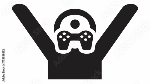Victorious gamer raising arms in celebration after winning esports tournament, perfect for gaming blogs, tech reviews, and online community sites.