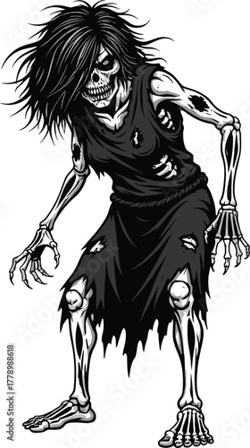 Zombie skeleton vector, undead female illustration, horror character design, creepy monster artwork, scary Halloween theme, decayed ghost figure, spooky cursed creature