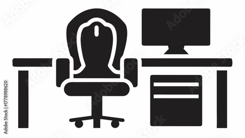 Modern office setup showcasing desk, chair, and computer monitor, perfect for illustrating workspace design or remote work solutions, originally a scalable graphic