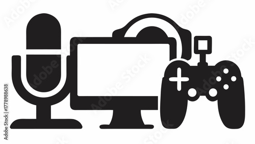 Level Up Your Content: Bold gaming icon featuring a microphone, monitor, headphones, and controller, perfect for a modern, tech-savvy audience