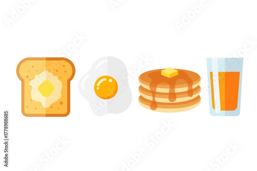Breakfast Feast Toast, Fried Egg, Pancakes, and Orange Juice Delight in a Colorful Illustration