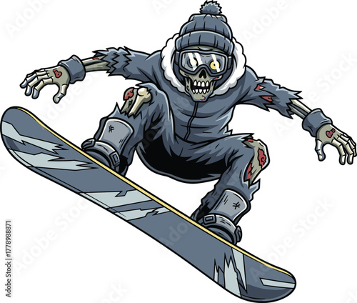 Zombie snowboarder, cartoon character, horror winter theme, undead athlete, mid-air trick, blue gear, vector illustration, creepy sport action, eerie snowboarding design