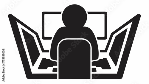 Dynamic developer silhouette with multiple screens showing coder multitasking, ideal for software, technology, and remote work themes, originally a vector