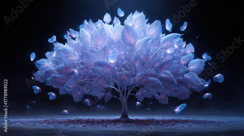 Surreal glowing bush with floating luminous leaves creates magical atmosphere, captivating viewers with its ethereal beauty and enchanting presence