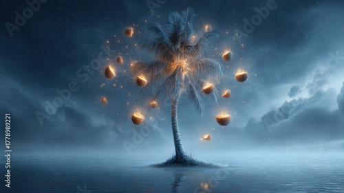 Surreal glowing coconut tree stands majestically in tranquil body of water, surrounded by mystical atmosphere. Floating luminous coconuts emit warm light, creating enchanting scene