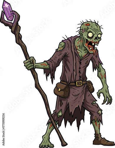 Zombie sorcerer character, horror fantasy vector, undead creature, glowing purple crystal, magical staff, tattered clothing, exposed flesh, creepy monster, eerie design, scary illustration