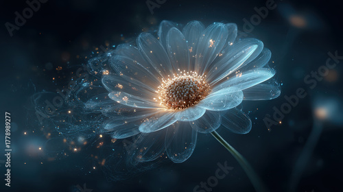 Surreal glowing daisy with luminous petals radiates beauty in mystical atmosphere, surrounded by sparkling particles that enhance its enchanting presence