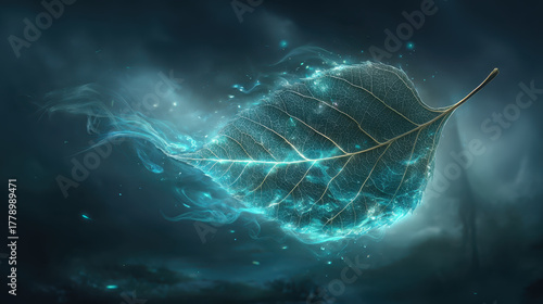 Surreal glowing leaf floats gracefully, illuminated by luminous veins, creating magical atmosphere in dark, mystical setting. ethereal light enhances enchanting beauty of nature