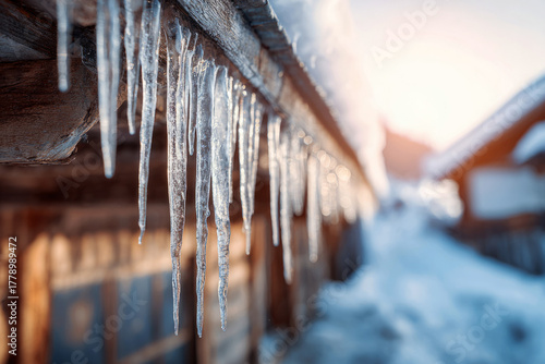 Icicles form along the edge of a roof in a serene mountain village, with a snow-covered landscape and soft morning light illuminating the scene