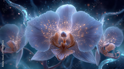 Surreal glowing orchid with luminous petals radiates beauty and enchantment, surrounded by mystical atmosphere filled with shimmering lights and ethereal elements
