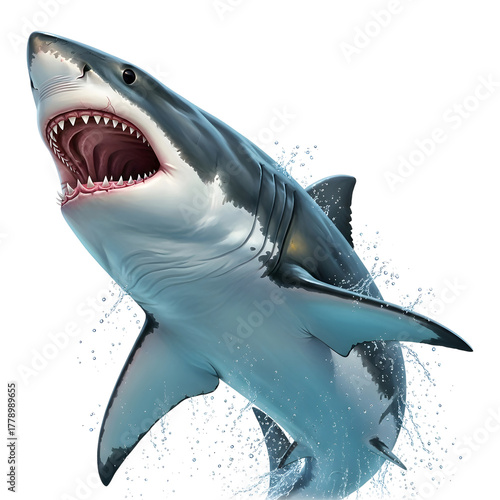 Great white shark jumping out of water ocean predator animal marine life apex danger powerful sea monster toothy wildlife grayscale design art