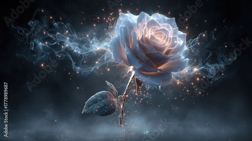 Surreal glowing rose with floating luminous petals radiates beauty and enchantment, surrounded by ethereal wisps of light and shimmering particles, creating magical atmosphere