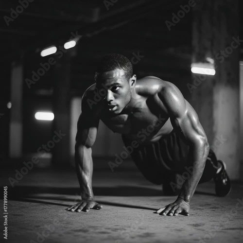 Athlete performing push-ups in a dark setting.