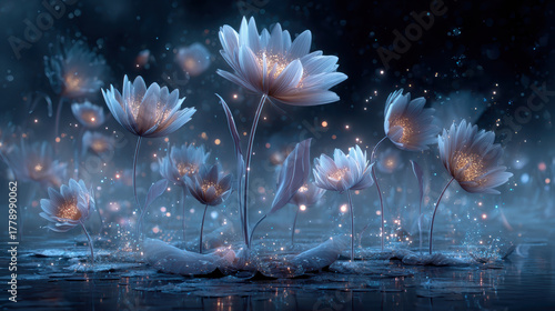 Surreal scene featuring glowing wildflowers with luminous petals, surrounded by mystical atmosphere filled with soft light and floating particles. enchanting beauty evokes sense of wonder