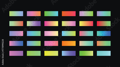 Collection of vibrant gradient swatches arranged in a grid pattern against a dark background