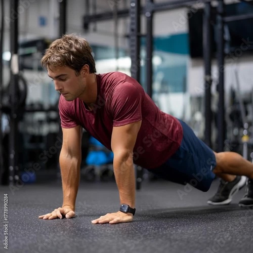Man exercising with push-ups in gym.