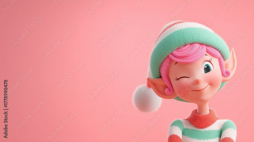 Fototapeta premium Cheerful Elf Character With Pink Hair and Striped Hat on Pastel Background