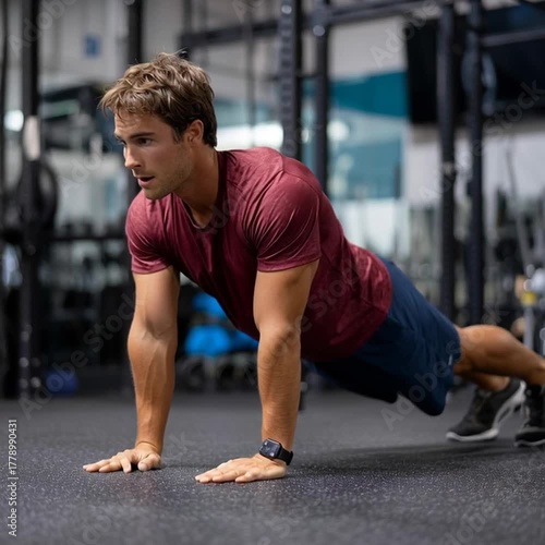 Athlete doing push-ups in the gym environment.