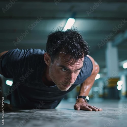 Man performing push-ups in a gym setting.