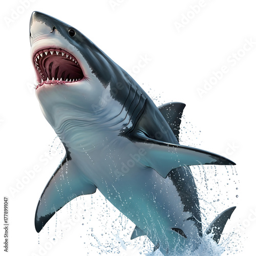 Ferocious white shark leaps out of water predator underwater life wildlife sea monster dangerous creature marine animal isolated