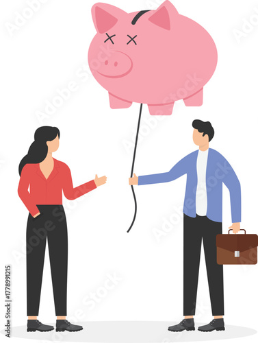 Businessman giving a piggy bank balloon to a coworker.

