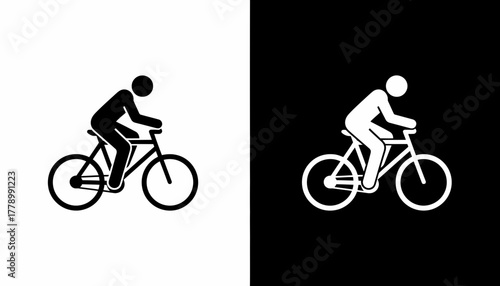 Cyclist Icon Riding Bicycle in Motion, Black and White Minimal Vector Illustration