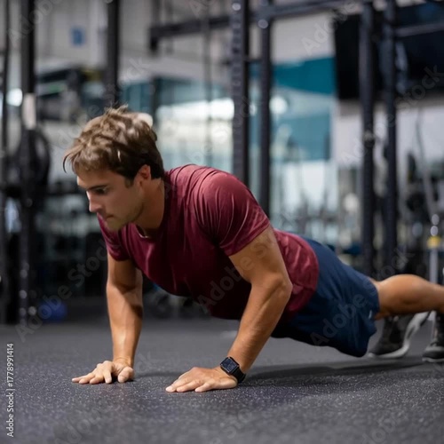 Athlete performing push-ups in gym.