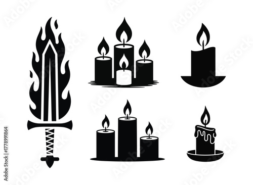 Burning sword multiple candles flame vector illustration set