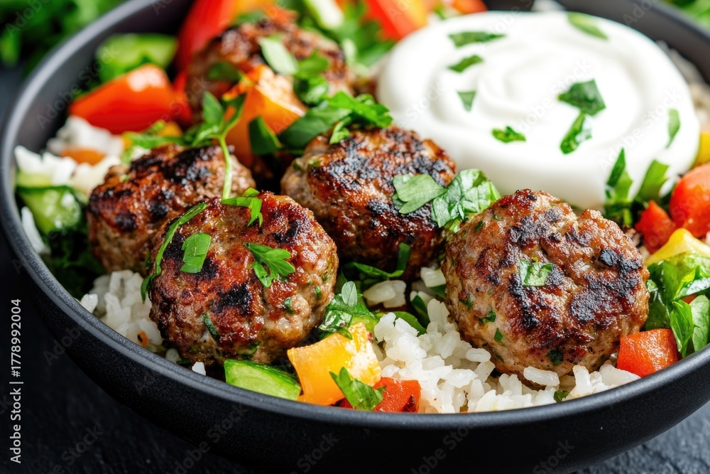 Fototapeta premium Grilled meatballs with rice, zucchini, peppers, and yogurt sauce
