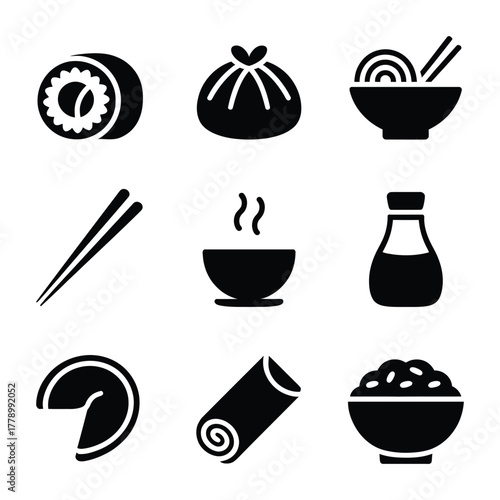 Asian food icons with sushi dim sum noodles chopsticks bowl Keywords: asian food, icons, sushi