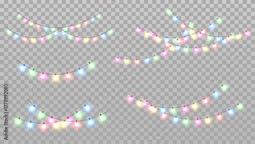 Set of multicolored LED Christmas garlands. Vector line art with glowing bulbs. Illustration of an LED neon lamp.