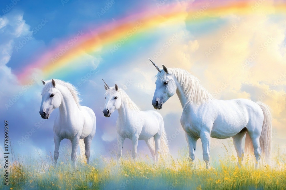Fototapeta premium Majestic unicorn trio under a magical forest rainbow