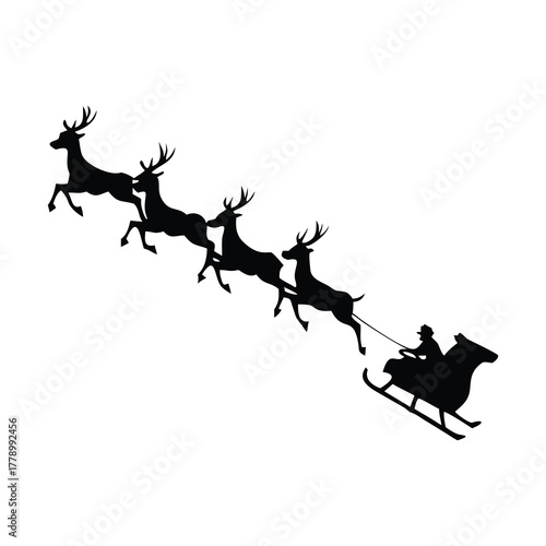 A minimal black silhouette vector set showing Santa Claus in a sleigh pulled by four reindeer in motion