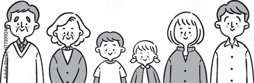 家族三世代（モノクロ）　上半身　ベクター
