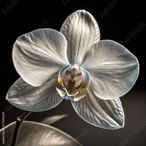 white orchid flower with silky petals and yellow purple center in closeup floral composition