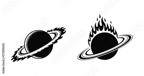 Fiery Planets Vector Illustration Set Saturn like Orbs with Flames and Fire Rings