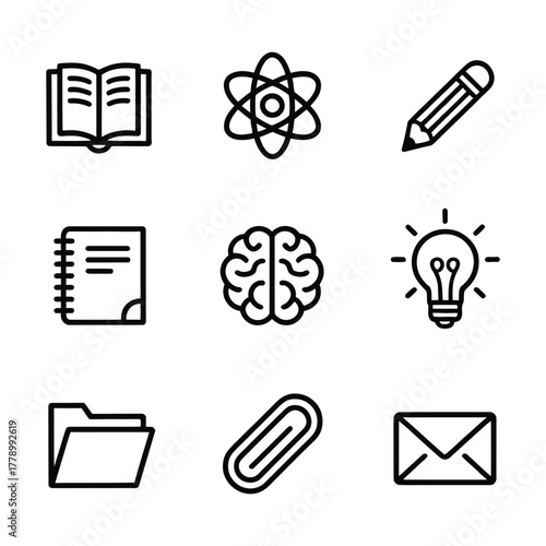 Nine black outline icons for education and learning on white background Keywords: education