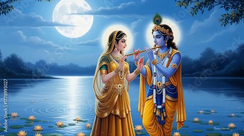 Enchanting Krishna plays flute for Radha under moonlight, a vibrant Hindu devotional scene with rich cultural symbolism and spiritual devotion