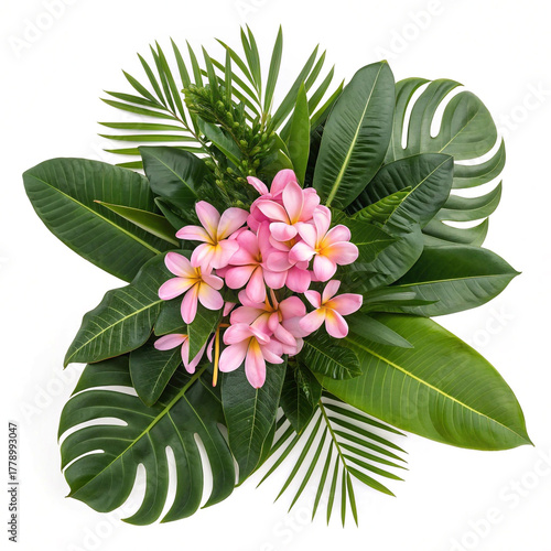 pink plumeria flowers with tropical green leaves including monstera banana and palm