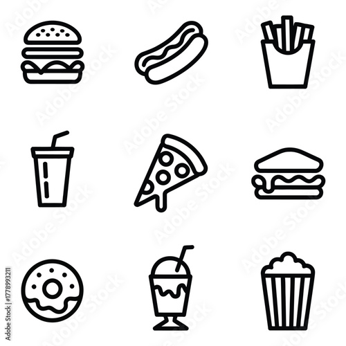Nine outline icons of popular fast food items and drinks on white background burger hamburger